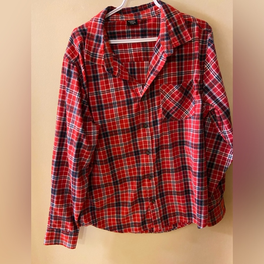 Street Legal red & black & navy plaid flannel button-down shirt size large